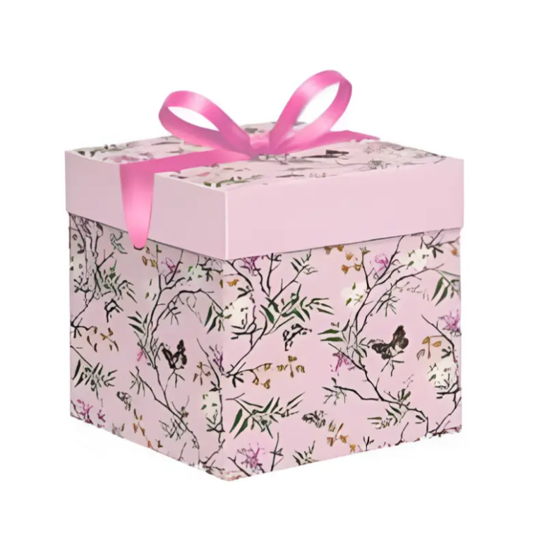 Κουτί Δώρου με Κορδέλα & Floral Σχέδιο 22x22cm 86107 Ροζ